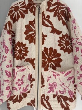Free People Cream Quilted Bomber Jacket with Rust & Pink Floral Print